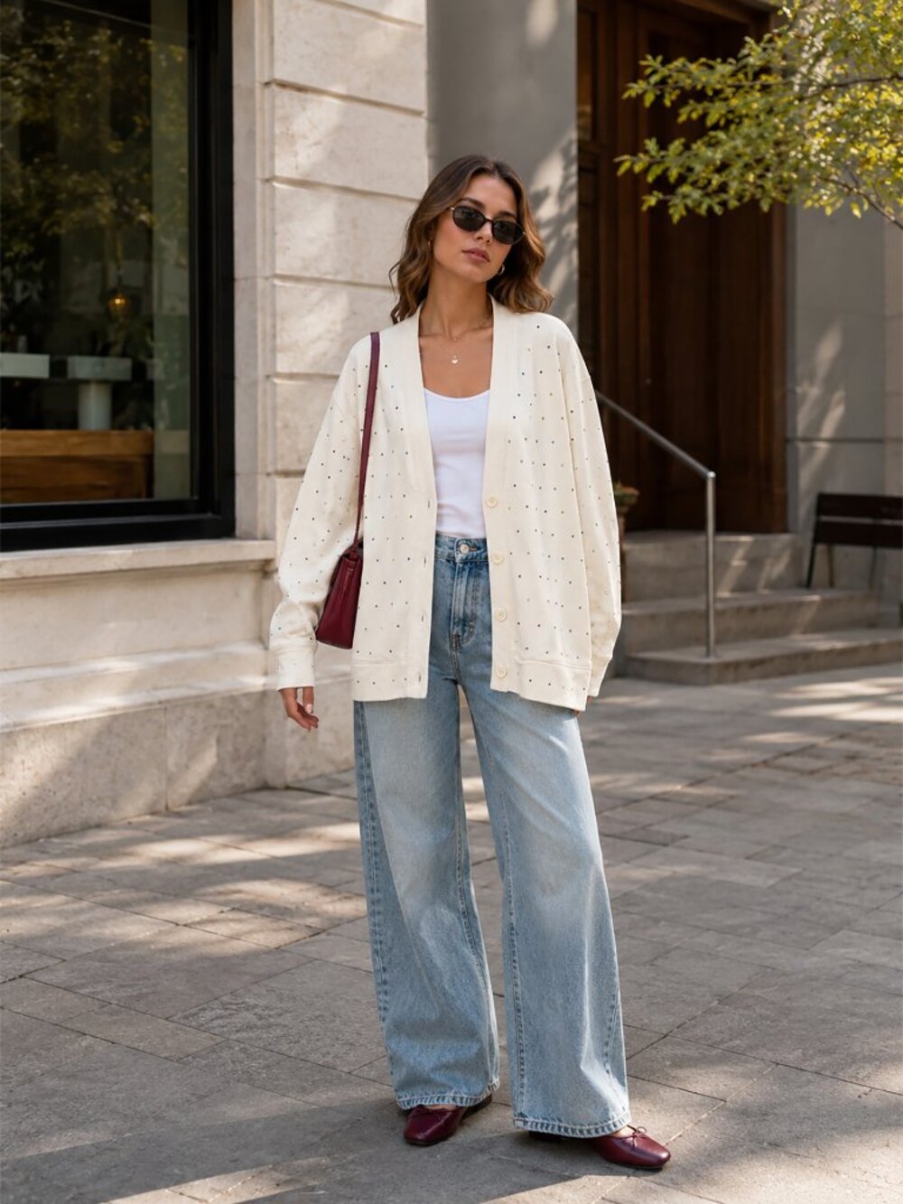 TEREZ XS Ivory Pima Cotton Rhinestone Embellished Oversized Cardigan